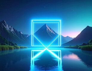 a neon square hovering over the middle of a lake with mountain in the back in a minimalistic setting