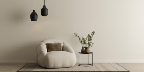 Minimalist modern living room interior with cozy beige armchair, black pendant lights, and green houseplant on neutral rug
