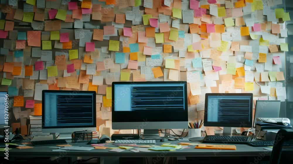 Poster multiple computer monitors displaying workspace on minimalist desk, colorful sticky note wall indica
