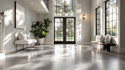 Fototapeta premium Spacious Interior with Gray Laminate Floors and Natural Light