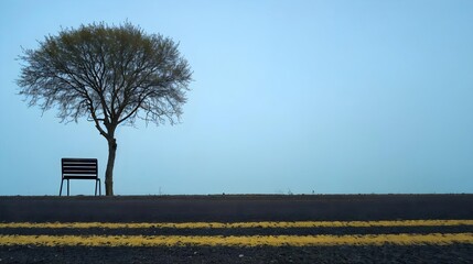 Banc solitaire et arbre denude sur fond bleu avec lignes jaunes a...