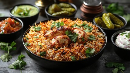 Traditional Indian Chicken Biryani Meal with Accompaniments