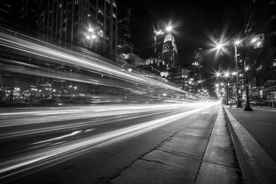 Fototapeta City street at night, light trails blur motion