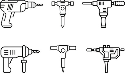 Minimalist Line Art Set of Six Power Tools in Black and White