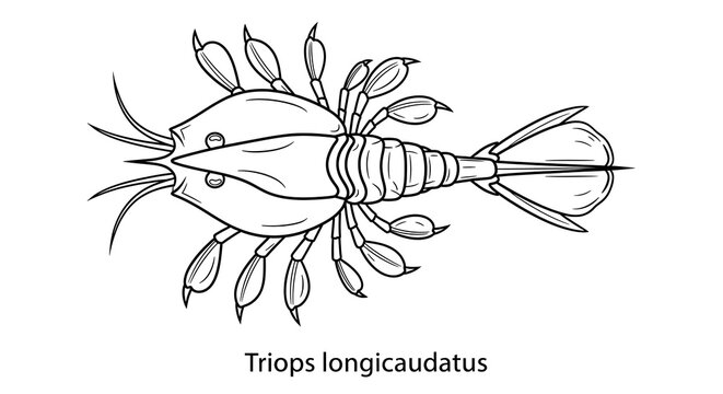 Detailed Line Drawing of Triops Longicaudatus, a Tadpole Shrimp, on White Background