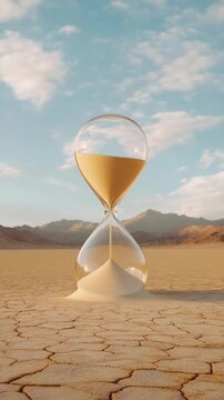 Golden sand cascading through fragile hourglass. Revealing desolate desert landscape with cracked earth beneath stormy cloudy sky. Symbolizing inexorable time progression and life's transient nature
