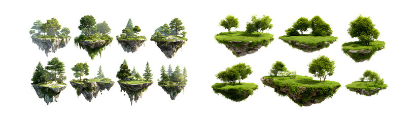 Obraz premium set of Floating islands with lush greenery. isolated on transparent background