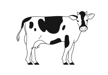Milk dairy cow, side view with head turned. Spotted cattle, domestic animal with udder, black spotty pattern. Farm livestock, fauna. Contoured flat vector illustration isolated on white background