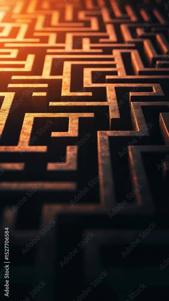Poster Warm light illuminates a complex maze, highlighting various paths and options, symbolizing the challenges of decision making and the search for the right direction
