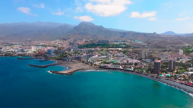 Troya beach coastline in canary islands on a bright sunny day, aerial view