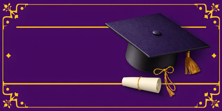 A purple and gold banner featuring a graduation cap and diploma, designed for graduation themes university