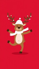 Cute Cartoon Dancing Christmas Holiday Reindeer on a Red Background