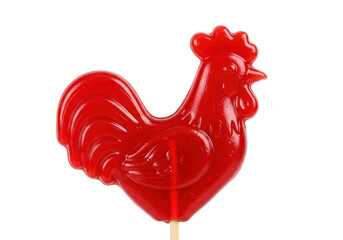 Isolated Red Rooster Lollipop on a Wooden Stick - Sweet Treat