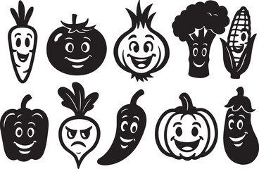 A set of 10 vegetable characters in black and white vector style, isolated on white background, fun and expressive faces.