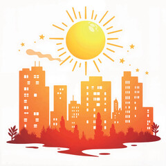 Vibrant urban heatwave illustration with glaring sun, environmental impact