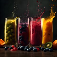 Realistic colorful fruit smoothies with berries and kiwi garnishes, A set of four realistic, vibrant fruit smoothies in tall glasses, garnished with fresh berries and kiwi slices