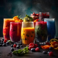Four vibrant smoothies with mixed berries and fruit garnishes on table, Four tall glasses filled with vibrant smoothies, featuring blueberries, raspberries, and kiwi garnishes