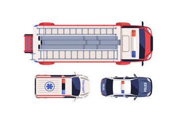 Emergency vehicles set, above top view. Fire truck, ambulance van, police car with sirens and lights. Urgency rescue services auto transports. Flat vector illustration isolated on white background © Good Studio