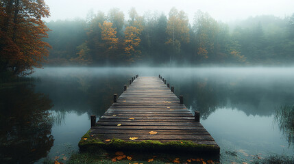 A wooden dock stretching into a calm lake in the morning mist