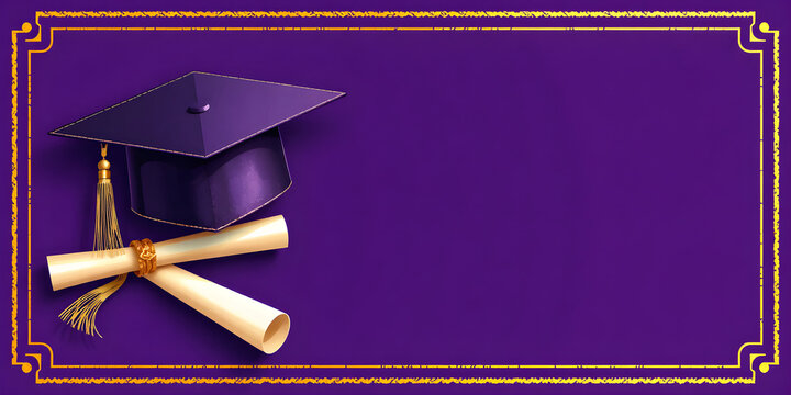A purple and gold banner featuring a graduation cap and diploma, designed for graduation themes university