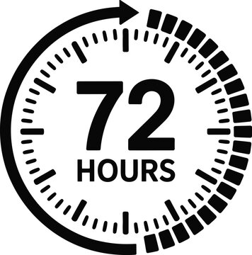 Black and White Icon of 72 Hours in a Circular Arrow Timer Design