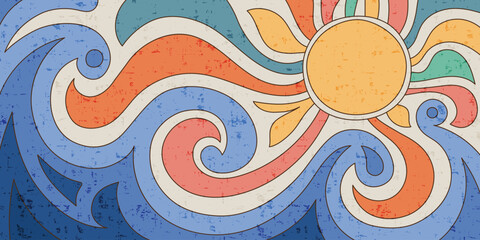 Abstract stylization of sea and sun, vintage colors and texture, vector drawing, cartoon illustration
