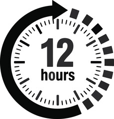 Black and White 12 Hours Timer Icon with Arrow and Rectangular Clock Ticks