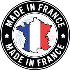 Badge with France Map in French Flag Colors Saying Made in France