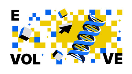 Evolve Pattern Design-DNA Helix and Yellow-Blue Abstract Blocks for Science, Innovation, and Growth Concepts