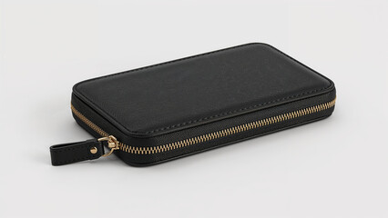Black Textured Wallet Mockup with Gold Zipper and Strap on White Background