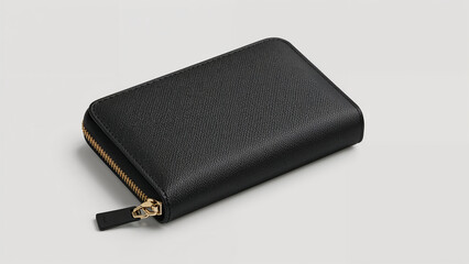 Black Textured Wallet Mockup with Gold Zipper and Strap on White Background