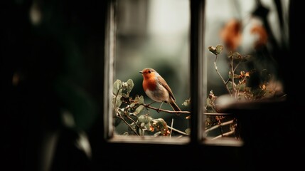 Small robin perching on wooden branch, gazing intently near windowsill with reddish-orange breast, observing peaceful outdoor scene