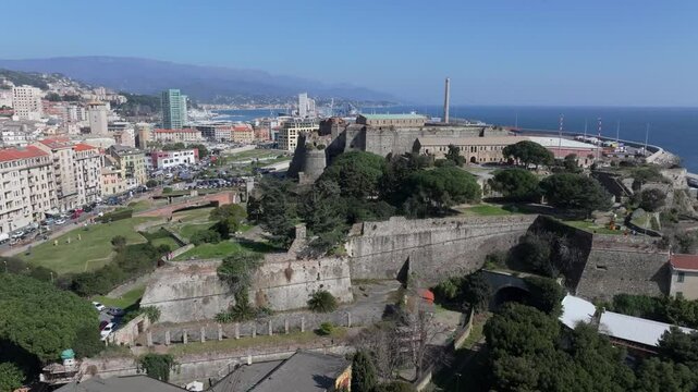 Savona coastal fortress, aerial view of Priamar with city and sea in background