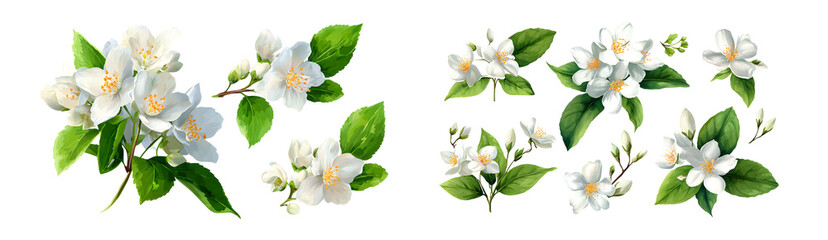 Fototapeta premium Detailed illustration of jasmine flowers and leaves. isolated on transparent background