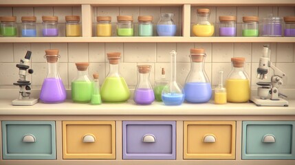 Vibrant cartoon science lab featuring microscopes, beakers, colorful potions on shelves and laboratory workspace