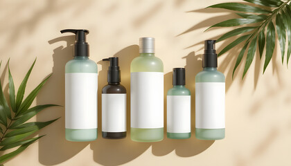Realistic Mockup of Skincare Cosmetic Bottles with Blank Labels and Leaf Shadows on Beige Background – Minimal Luxury Branding Concept