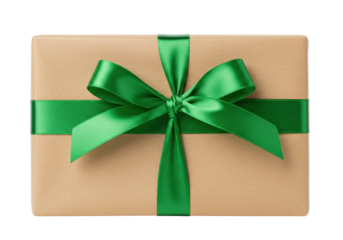 Isolated Kraft Paper Gift Box with Green Satin Ribbon