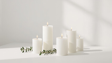 White Pillar Candles in Minimalist Room with Eucalyptus on Light Surface