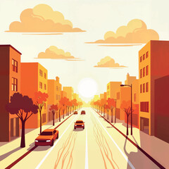 Simplified city street during heatwave with sunset, urban desolation