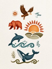 Abstract and minimalist illustration representing wildlife, featuring bear, whales, eagle and sun, promoting environmental conservation and awareness