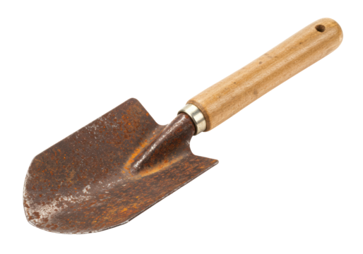 Isolated Rusty Garden Trowel with Wooden Handle