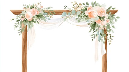 Obraz premium A rustic wooden wedding arch adorned with delicate peach roses and flowing white fabric creating a romantic ambiance in
