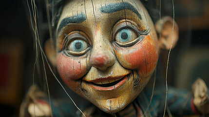Close up of a wooden marionette with tangled strings 
