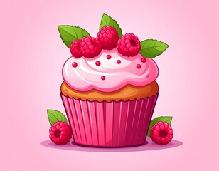 Delicious Cartoon Raspberry Muffin Illustration on a Pink Background 