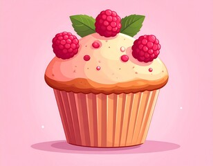 Delicious Cartoon Raspberry Muffin Illustration on a Pink Background 