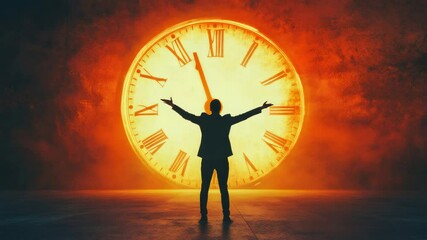 Businessman with open arms is celebrating time and success in front of a giant clock, symbolizing achievement, deadline, and the importance of time management - Powered by Adobe