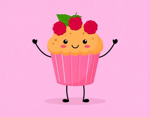 Happy Dancing Raspberry Muffin Character Dancing on a Red Background 