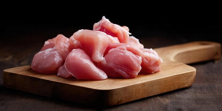 Raw chicken breast cubes on wooden cutting board in kitchen setting