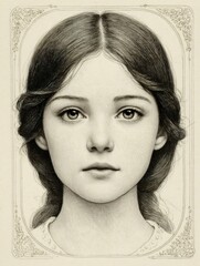 Detailed pencil portrait of woman framed by delicate floral elements, evoking nostalgic vintage elegance and feminine charm