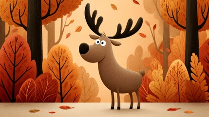 Cartoon moose enjoying the falling leaves in an autumn forest, creating a whimsical and charming fall scene